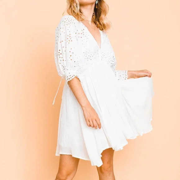 olivaceous mini dress Olivaceous Mini Dress Womens Large Cottage Babydoll Floral Puff Sleeve  Summer